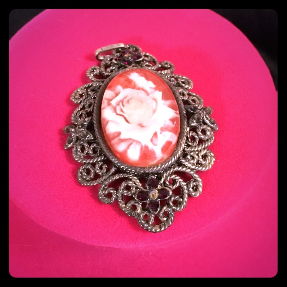 Vintage Floral Cameo Pendant | Coral & Cream Rose Cameo | Ornate Filigree - Picture 2 of 5